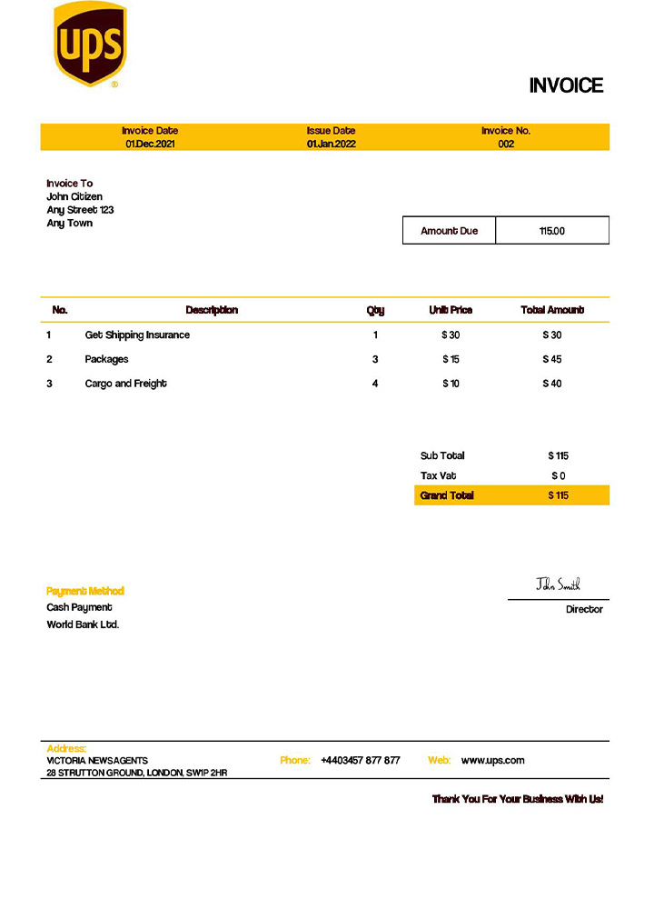 USA UPS invoice template PSD template
